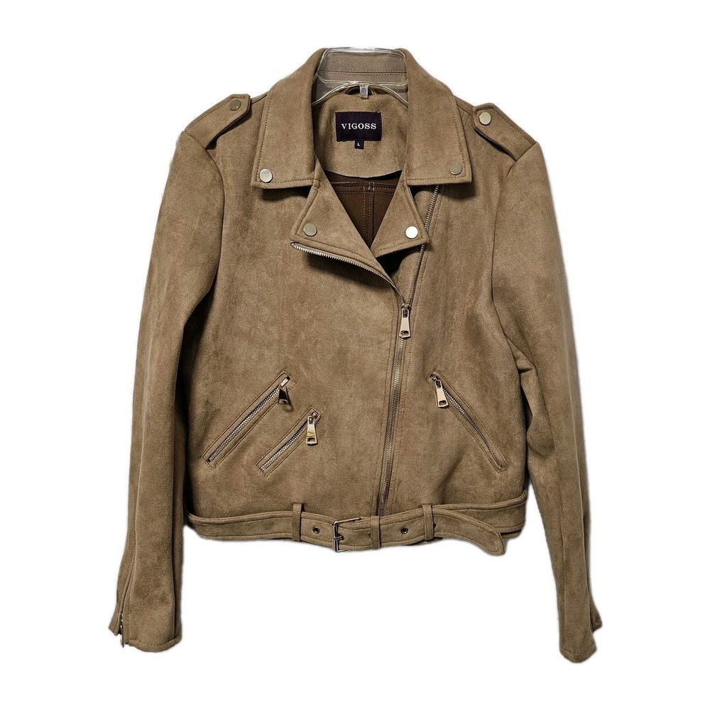 Vigoss Faux Suede Biker Jacket Women's Large Brown Pockets Gold Zipper Belted